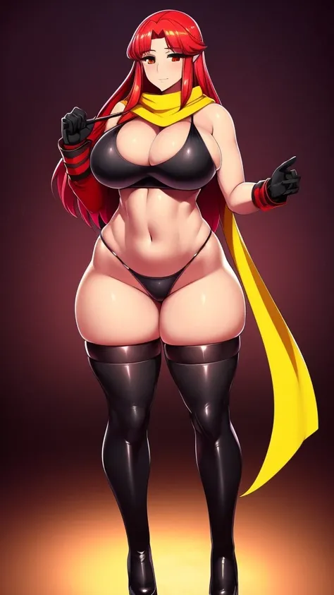 a girl princess tall sexy big breast pretty beauty attractive long red hair round her yellow eye shine pink scarf wide neck dresses beautiful black bra shape red flames shows navel curve wide sexy and a black thong thighs sensual wears black boot big long ...