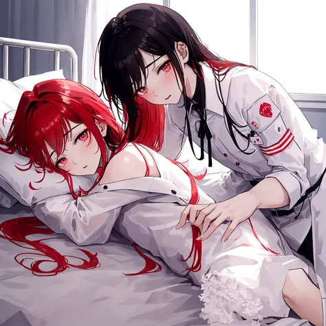 An 18-year-old boy lies on a bed in a transgender hospital，The operation was successful，Become beautiful and charming，Wear black silk，Red-haired idol sister