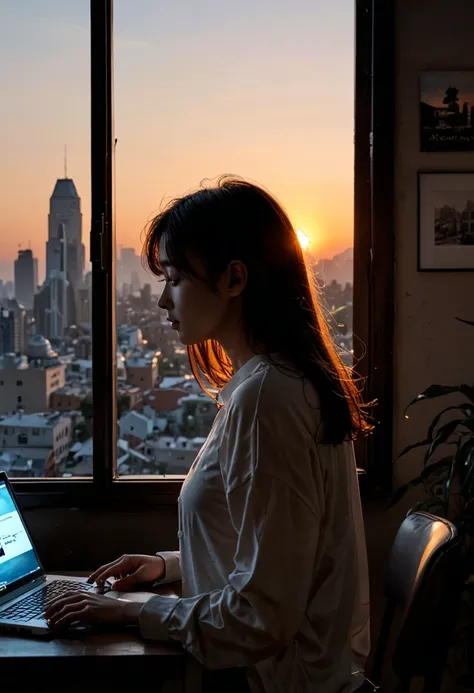 a beautiful girl anime an senior software developer hard work from home, next to her is a laptop, behind her is a window overlooking the city, there is sunlight, Soft lighting and Warm, sunrise, morning, score_9,score_8_up,score_7_up,fine details in everyt...