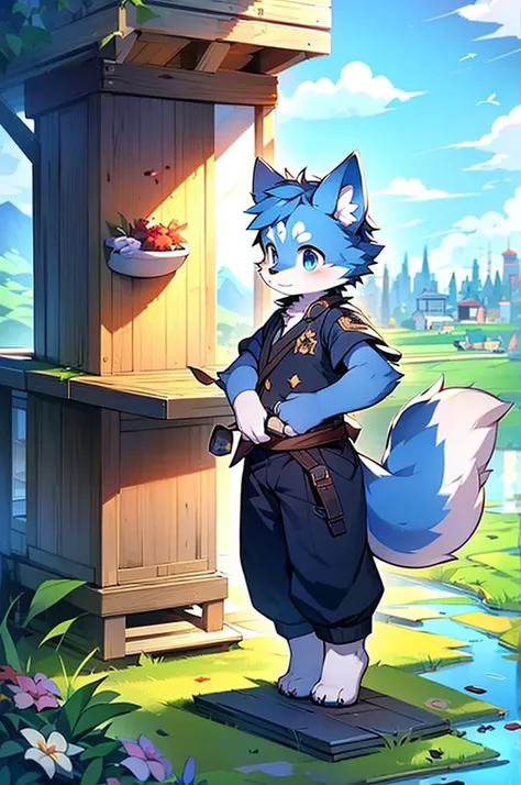 Blue fur, Canine, fox motif, boy, uniform,expensive，One person，Stand up on your own feet，expensive，Cityscape，expensive，，Rural Scenery，Rice field scenery，