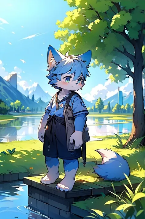 Blue fur, Canine, fox motif, boy, uniform,expensive，One person，Stand up on your own feet，expensive，Cityscape，expensive，，Rural Scenery，Rice field scenery，