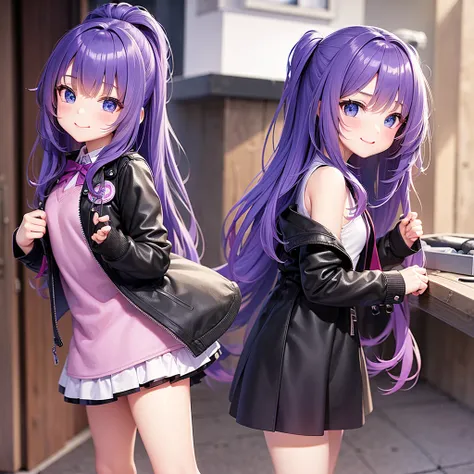 Elementary school girl，smile，Best Quality，8K，Highest quality，cute，future fashion、Evolution Fashion，fluffy，Angel，Long Hair，leather jacket，blue eyes，美しいcute女の子，Horny girl，Purple hair color，Latest Fashion，Girl，Loli girl，