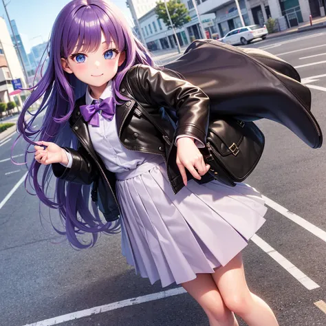 Elementary school girl，smile，Best Quality，8K，Highest quality，cute，future fashion、Evolution Fashion，fluffy，Angel，Long Hair，leather jacket，blue eyes，美しいcute女の子，Horny girl，Purple hair color，Latest Fashion，Girl，Loli girl，