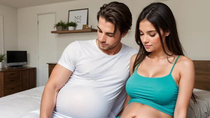 A beautiful young pregnant woman and her husband, Sweat in the woman body, wearing simple dress