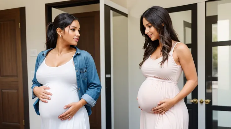 A beautiful young pregnant woman and her husband, Sweat in the woman body, wearing simple dress