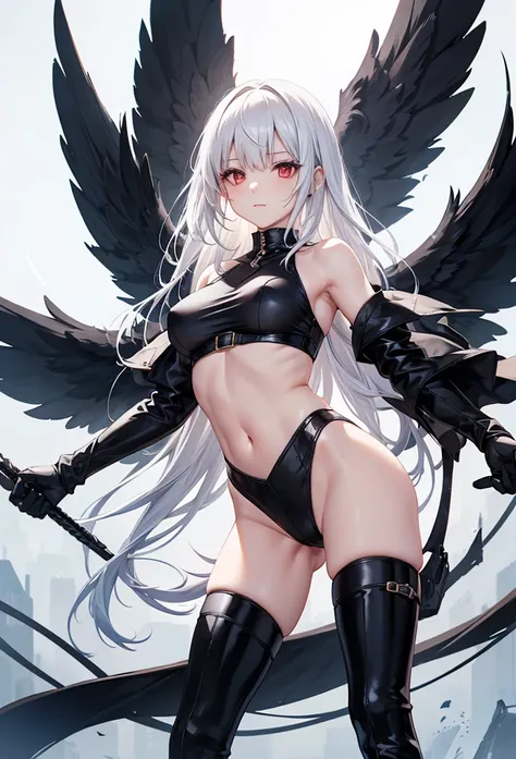 slender, mature female,1girl, solo, thighhighs, rating:safe, gloves, leotard, long_hair, red_eyes, boots, bare_shoulders, breasts, elbow_gloves, medium_breasts, thigh_boots, black_legwear, armor, navel, bangs, looking_at_viewer, closed_mouth, white_hair, l...