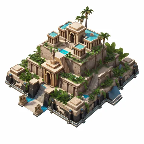 close up of a small building with a swimming pool and palm trees, ancient city landscape, isometric palace, ancient temple, anci...