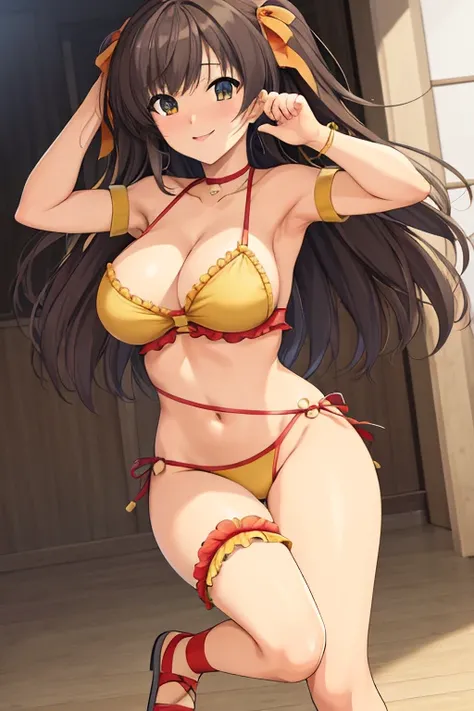 masterpiece, best quality, beautiful art, high resolution, well formed hands, body and fingers, 1 woman, solo, Haruhi suzumiya, grown up, arabian belly dancer, adult, big breasted, cleavage, hair ribbon, full body, sexy and skimpy outfit , gorgeous legs an...