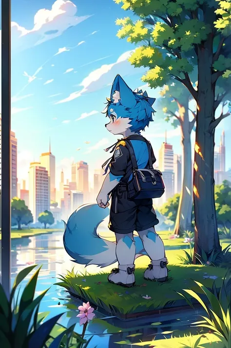 Blue fur, Canine, fox motif, boy, uniform,expensive，One person，Stand up on your own feet，expensive，Cityscape，expensive，，Rural Scenery，Rice field scenery，髪の毛はない，