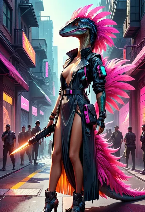 velociraptor in high-fashion cyberpunk attire, full-body portrait, cyberpunk dino fashion, digital painting, long dress with pin...