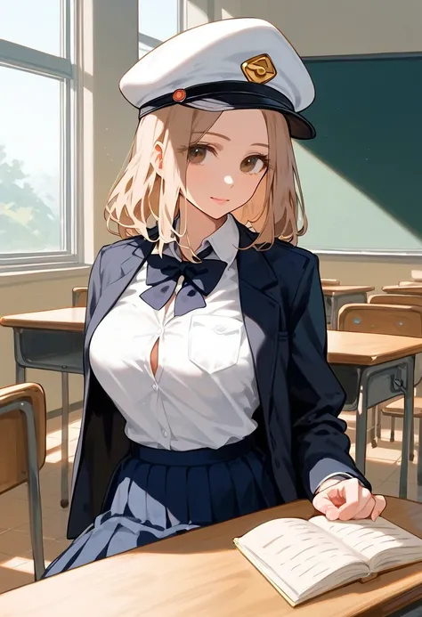 anime artwork, score_9, score_8_up, score_7_up, score_6_up, score_5_up, score_4_up, r,Camie Utsushimi, light brown hair, dark brown eyes,, breasts, , big breasts, at school, (school uniform:1.2), sit on desk, cap
