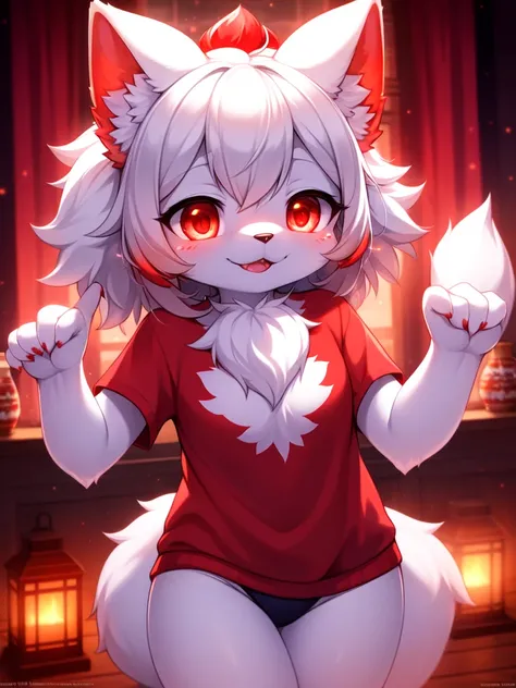 furry, white fur, ultra cute face, red elements on fur, glowing t-shrt, beautiful lights and shadows, ambient light, ultra detailed fur, volumetric light