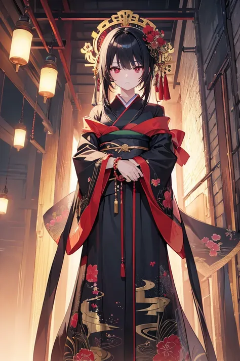 ((masterpiece)), ((Highest quality)), ((High resolution)), ((In detail))、Anime style girl、Black Hair、Long straight hairstyle、(Black kimono)、Red eyes、Sharp Eyes、Cold expression、beautiful、Prayer bead bracelet
