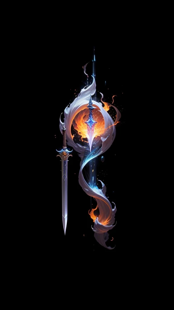 An enchanting image of an enchanted item, such as a sword, glowing with a powerful aura of fire. The sword wielders eyes glow with an ethereal light, and a swirling mist forms on the blades surface. The surrounding area is filled with a dense, warm, bluish...