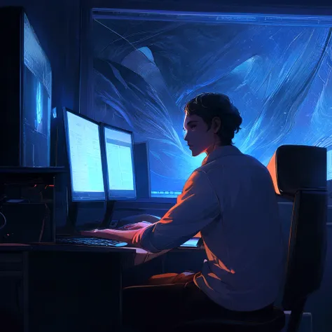 there is a man sitting at a desk using a computer, in front of a computer, beautiful and cinematic lighting, sitting at a computer, programmer, hyperrealistic composition, amazing wallpaper, cyril rolando and goro fujita, sitting in front of computer, nigh...