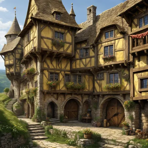 ((best quality)), ((masterpiece)), ((realistic,digital art)), (super detailed), (Mine dor avec des lingots dor), view from the ground, (style medieval fantasy)