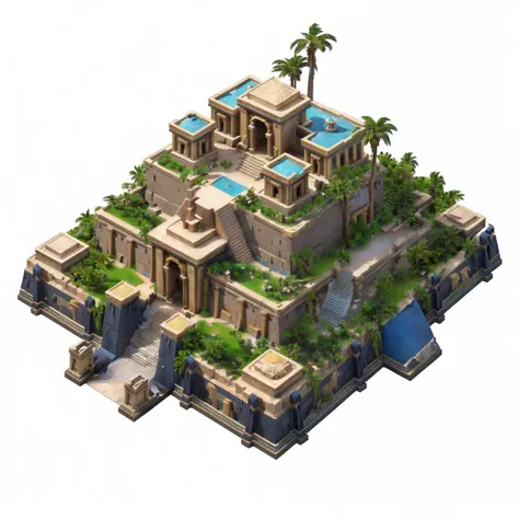 Close up of a small building with a swimming pool and palm trees, Ancient City landscape, isometric palace, Ancient Temple, Ancient City, isometric 8k, 3D rendering style, Isometric game assets, Egyptian Background, Desert Temple, Fortress Megastructure Ci...