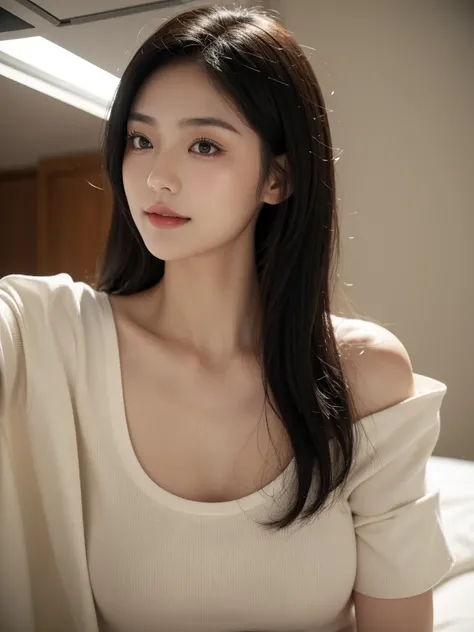 A female Japanese and Korean model，She was wearing a handsome white short-sleeved top with a collarbone that exposed her collarbone.，Close-up of face with double eyelids and big deep eyes，no eyeliner,No eye makeup,No makeup，Plain makeup，She has short black...