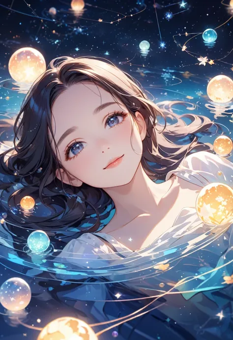 ((ultra detailed face)),describe a scene in which a beautiful woman character is lying on a water, look up at the starry sky. su...