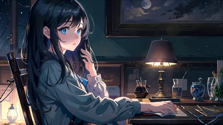 Create an illustration of a girl with black hair and blue eyes, sitting in a chair in front of a desk, Has a sentimental, introspective look。, The moonlight gently shines into the room, Gently illuminate the space, Curtains sway in the wind, Increase tranq...