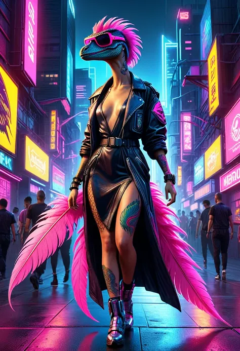 cyberpunk velociraptor striding through a neon-lit cityscape, high fashion model in a long cyberpunk dress with oversized pink f...