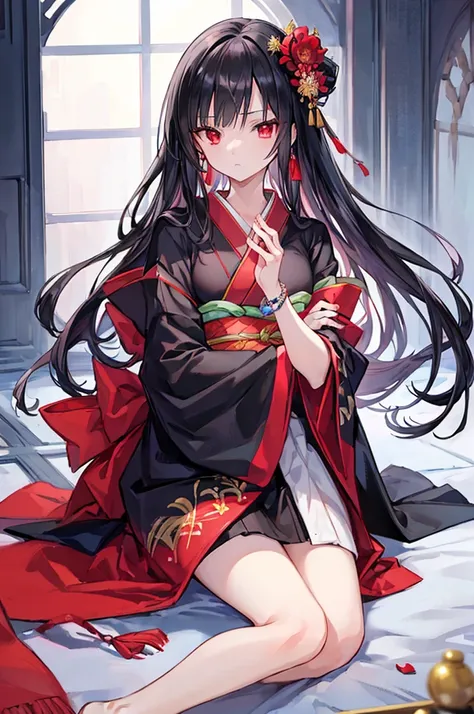 ((masterpiece)), ((Highest quality)), ((High resolution)), ((In detail))、Anime style girl、Black Hair、Long straight hairstyle、(Black kimono)、Red eyes、Sharp Eyes、Cold expression、beautiful、Prayer bead bracelet
