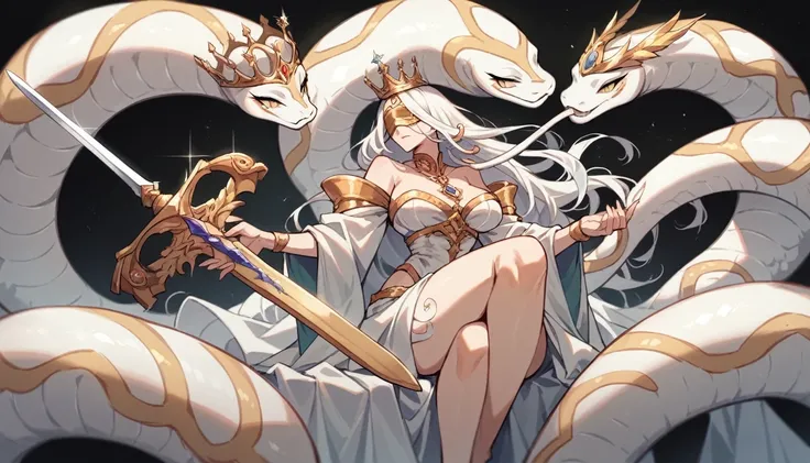 White Hair,Long Hair,Woman sitting on a white snake,Gold crown,Gold blindfold,Holding a sword,Royal Sword,White sword,White sheath,Luxurious sword,Woman surrounded by giant white snakes,Less exposure,Black background,high resolution,High resolution