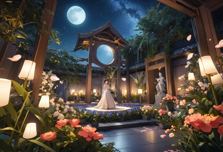 ((highest quality)),((high-res)),1 woman,night, starry sky, a magical indoor garden, moon, sculpture,relief,lots of flowers, the...