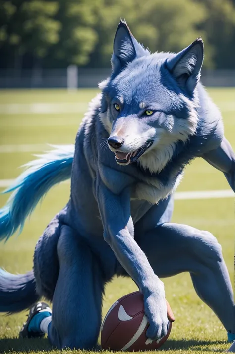 blue wolf playing football
