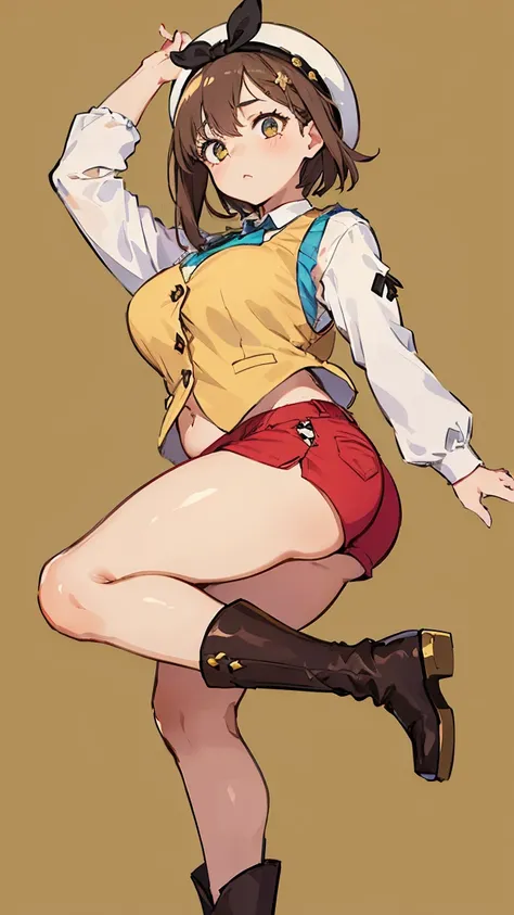 (Highest quality, 8K, masterpiece :1.3),Lizaリン・シュタウト(Lizaのアトリエ),Liza,Plump, One woman,Large Breasts,short hair,Brown Hair,hair band,Clothing,hat,White shirt,Yellow and white vest,Red shorts,Brown long boots,Big Ass,