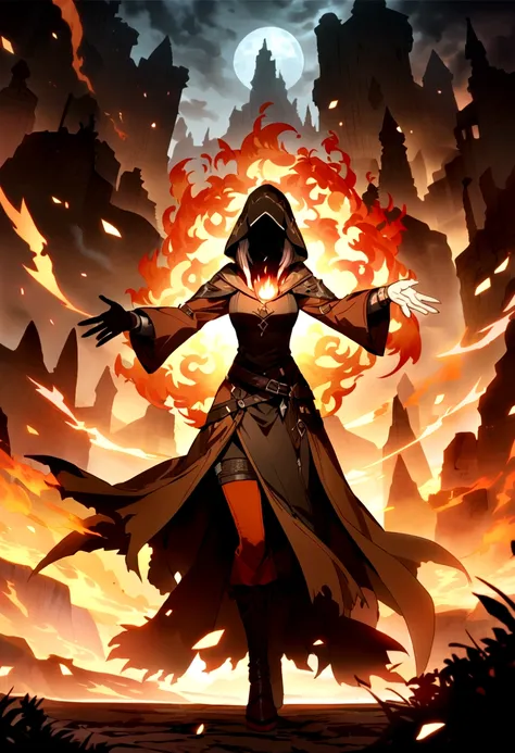 A female mage in a brown cloak is releasing an arc，The hood covers the face，Can not see clearly，（Flames around hands：1.3），ready，Imposition，（Fire Magic），（Flames were released from the hands of the sorceress），The flames quickly spread to the surrounding。Medi...