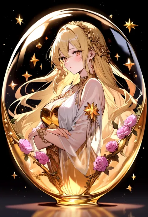 In a golden transparent glass bubble, Dark Star Background, Beautiful blonde 30 year old angel with Rose of Sharon