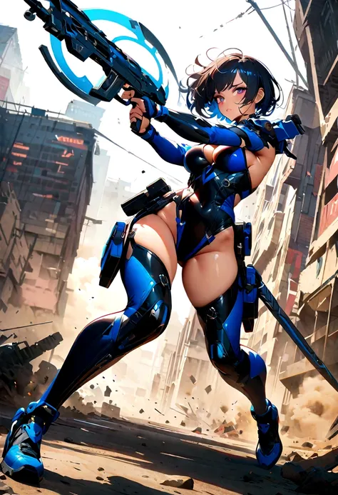 Combat Actions, Holding Weapons, Full Body,BULE SHORT HAIR, Super Sexy ,ultra-detailed, ((High resolution)),((high detailed))
