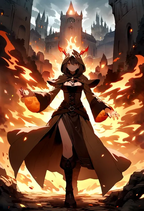 A female mage in a brown cloak is releasing an arc，The hood covers the face，Can not see clearly，（Flames around hands：1.3），ready，Imposition，（Fire Magic），（Flames were released from the hands of the sorceress），The flames quickly spread to the surrounding。Medi...