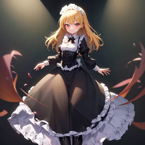 ((Maid)),Frills,corset,Cute little loli,Tiny Lori,Small girl,,Childish face, Very fine clean face,Top quality, Big eyes,Straight Hair,Yellow hair,Crimson Eye,(Dark Room), Subtle light, Natural light,Soft lighting,Light from directly behind, (Are standing),...