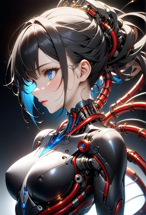 Portrait of a beautiful woman with a black mechanical body,She stands in the darkness,The woman has long black hair,Her black hair is straight, shiny and beautiful.With clear blue, inorganic eyes and white skin, it doesnt feel like shes human.A beautiful m...