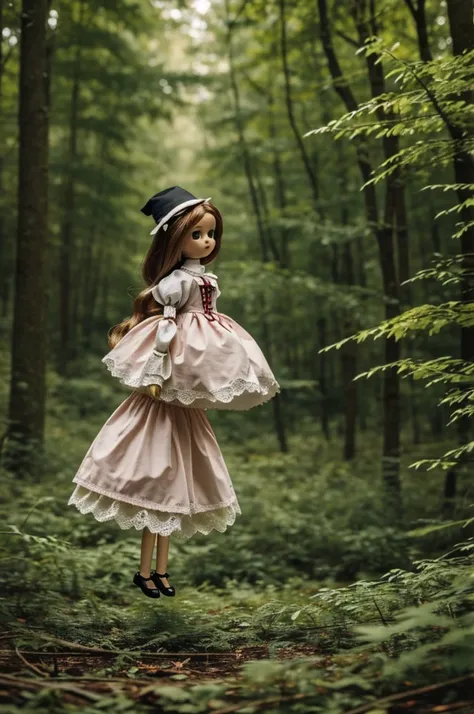 A doll that is falling in mid air make the background forest or branches of trees, make the doll look like it has a spell