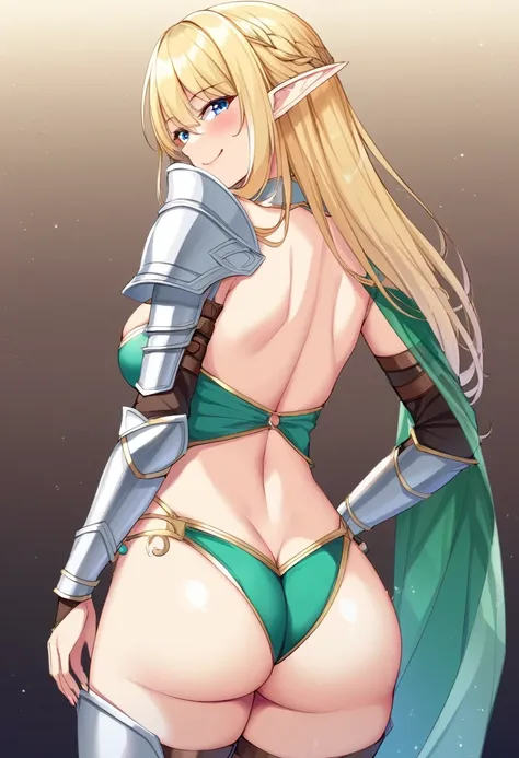 highest quality、Ultra-detailed、Solo、One Woman、elf ears 、blonde、Long-haired、Cleavage，transparent　green clothes、(((High Leg Armor)))、beautiful blue eyes 、curvy,seductive smile,maternal,back viewer,ass,naughty face