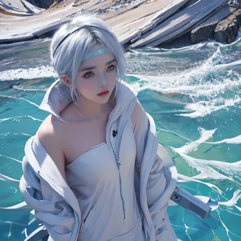 Short white hair girl, with white jacket and headband, reflected in crystal clear waters,full HD,8k,realist