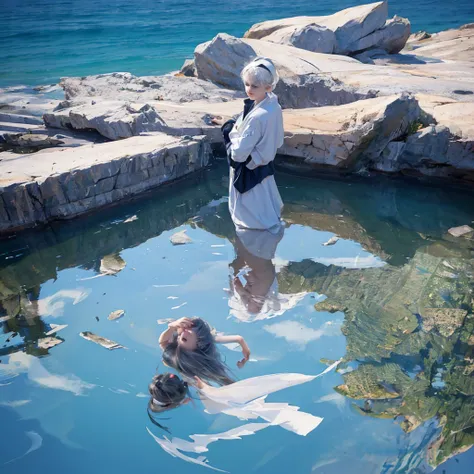 Short white hair girl, with white jacket and headband, reflected in crystal clear waters,full HD,8k,realist