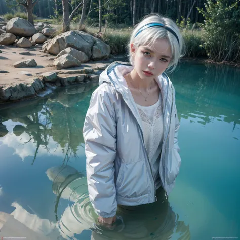 Short white hair girl, with white jacket and headband, reflected in crystal clear waters,full HD,8k,realist