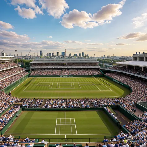 a panoramic view of LONDON Wimbledon striped tennis court in on a sun day, where golden light bathes the iconic clay courts. Without players. The stadium’s modern yet elegant architecture frames the action against the London city skyline with london eye. T...