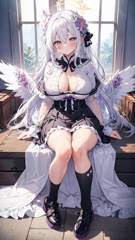 azusa (blue archive),purple eyes,white hair,long hair,wings,hair flower,halo,white capelet,black sailor collar,black frilled dress,white footwear,(exposed chests:1.4),(big chest:1.3),(big breast:1.3),(blush:1.2)