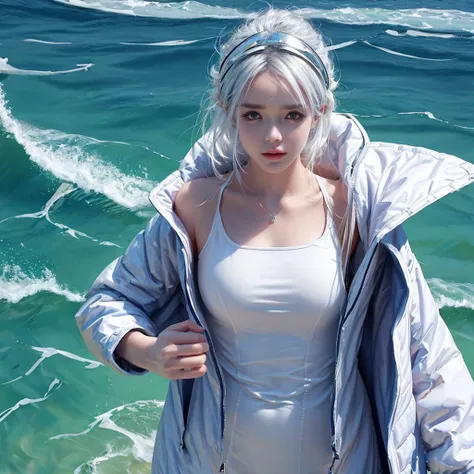 Short white hair girl, with white jacket and headband, reflected in crystal clear waters,full HD,8k,realist