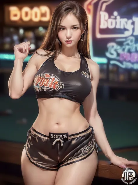 masterpiece,Highest quality,Very detailed,High resolution,8K,wallpaper,Perfect lighting,break(One Woman),(Mature woman working as a waiter in a sports bar:1.5),(48 years old),(Hooters),(((Very small tank top:1.5))),((The tank top features the sports bar lo...