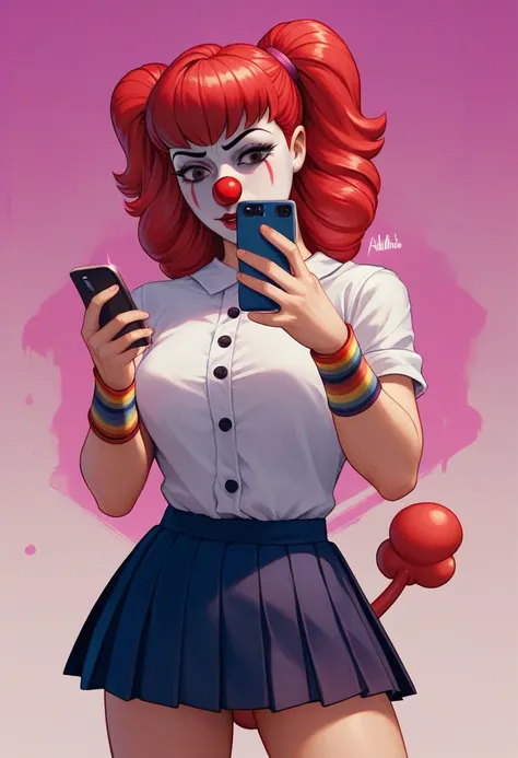 Beautiful girl in (pleated yoke skirt),with red hair (Clown tails),in neon background, without a phone in your hands, 3D wallpaper for phone.