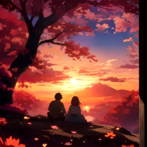 anime couple sitting under a tree watching the sunset, beautiful anime scene, anime beautiful peace scene, watching the sun set. anime, beautiful anime, the most beautiful scene, warm beautiful scene, unreal engine ; romantic theme, anime opening, anime na...