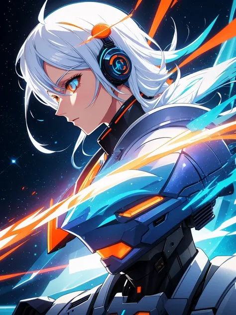 white hair, blue hair, orange hair, gradient hair, orange eyes, from side, profile picture, cyberpunk background, robotic, hair flowing over, volumetric lighting, light particles, sparkling eyes, dystopian, colorful