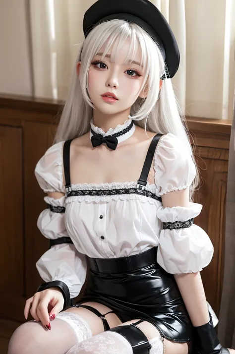 boy beautiful sitting knees vinyl blouse ribbon white hair eyelashes garter belt