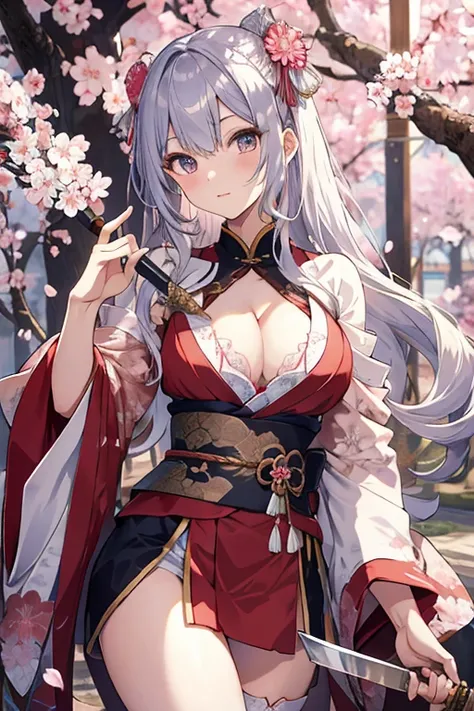 Kimono with a fluttering chest、Cleavage、Thighs、17 years old、holding a sword in one hand、Beautiful Girl Swordsman（（E Cup、Long silver hair）、Cherry blossom background